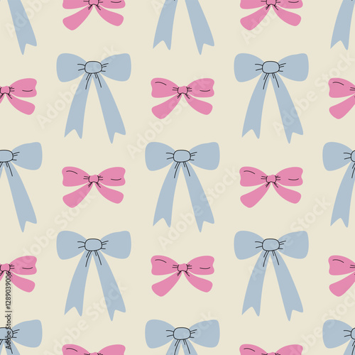 Seamless pattern with hand drawn bows. Vector flat illustration of ribbons in vintage style. Holiday bowknots in coquette aesthetic