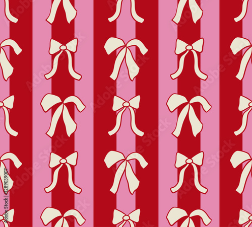 Trendy coquette seamless pattern with hand drawn whimsical bows and stripes. Vector outline background in vintage aesthetic