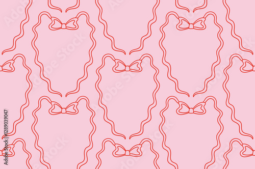 Vintage seamless pattern with bows. Vector background in vintage coquette aesthetic. Elegant hand drawn outline heart shaped ribbon frames