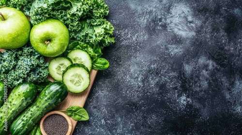 Fototapeta Naklejka Na Ścianę i Meble -  super food Green Apple Fresh green vegetables and fruits arranged on a dark textured surface.