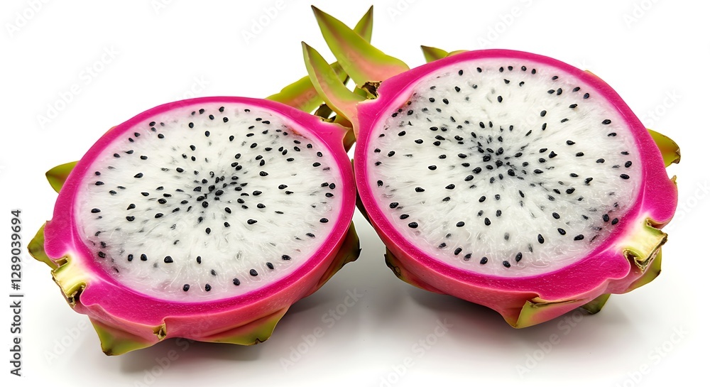 A dragon fruit with one half cut open, showing its vibrant pink and white speckled interior, on a white background A dragon fruit with one half cut open, showing its vibrant pink and white speckled interior, on a white background
