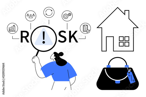 Woman examines risk factors with a magnifying glass, emphasizing various business icons. Nearby are a minimalist house and handbag. Ideal for finance, real estate, insurance, risk management, home