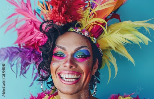 smiling Drag queen wearing colorful feather headdress , people unique and self-assure