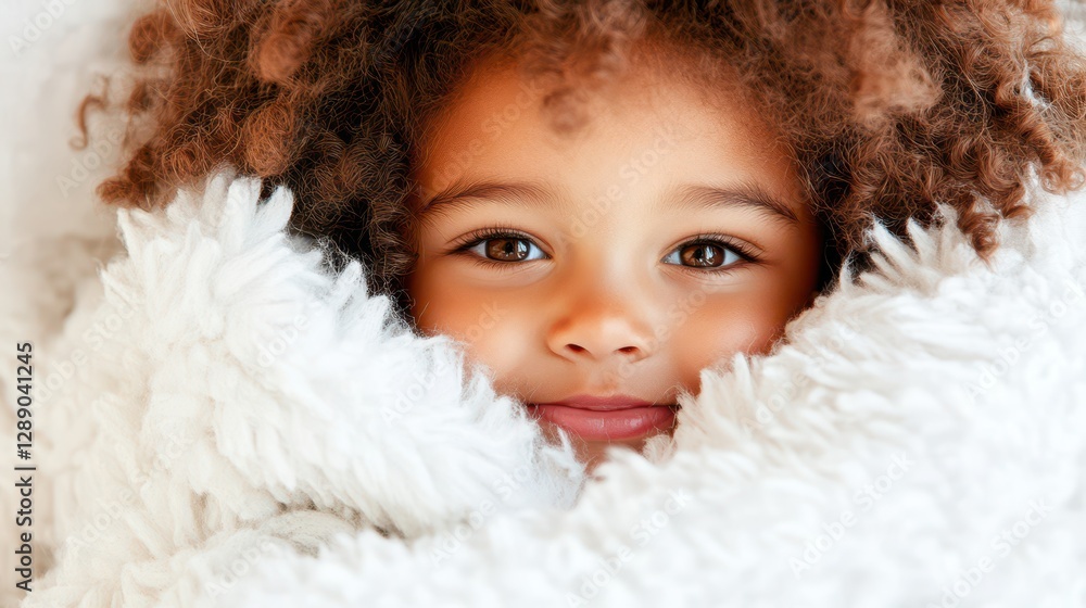 Joyful Embrace: A charming young child with captivating eyes is wrapped warmly in a soft, fluffy blanket, radiating comfort and serenity. Joyful Embrace: A charming young child with captivating eyes is wrapped warmly in a soft, fluffy blanket, radiating comfort and serenity.