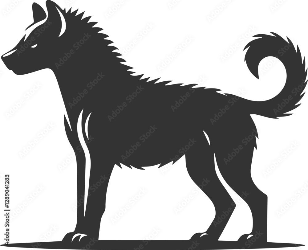 A hyena standing with its tail raised high vector animal silhouette A hyena standing with its tail raised high vector animal silhouette
