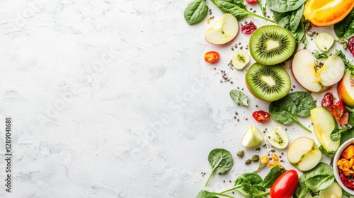 Fototapeta Naklejka Na Ścianę i Meble -  super food Green Apple Fresh fruits and vegetables arranged on a light background for healthy eating concepts.