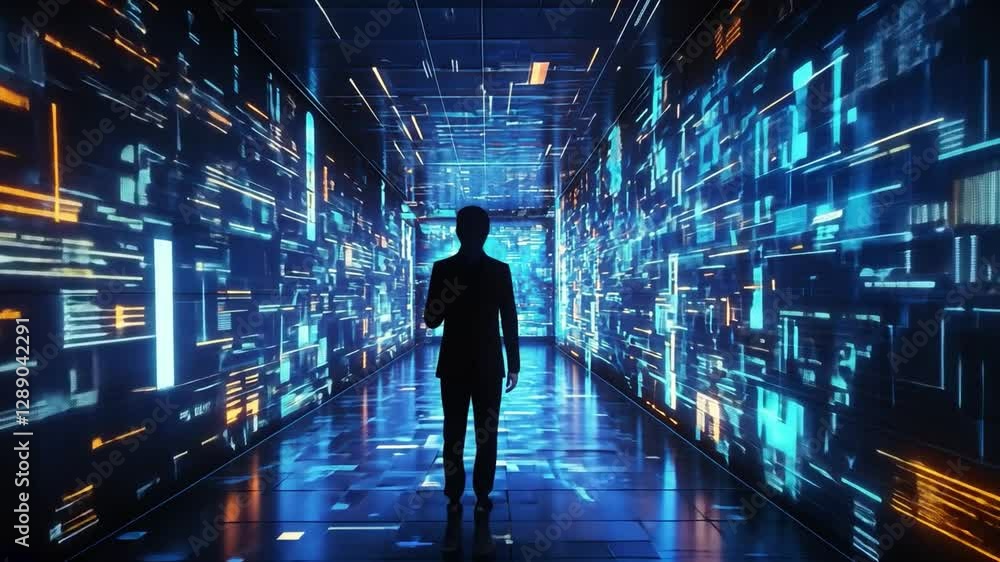 Digital Gateway: Silhouette of a person walking through a futuristic hallway, data streams and code lines enveloping the space, visualizing the digital world. Digital Gateway: Silhouette of a person walking through a futuristic hallway, data streams and code lines enveloping the space, visualizing the digital world.