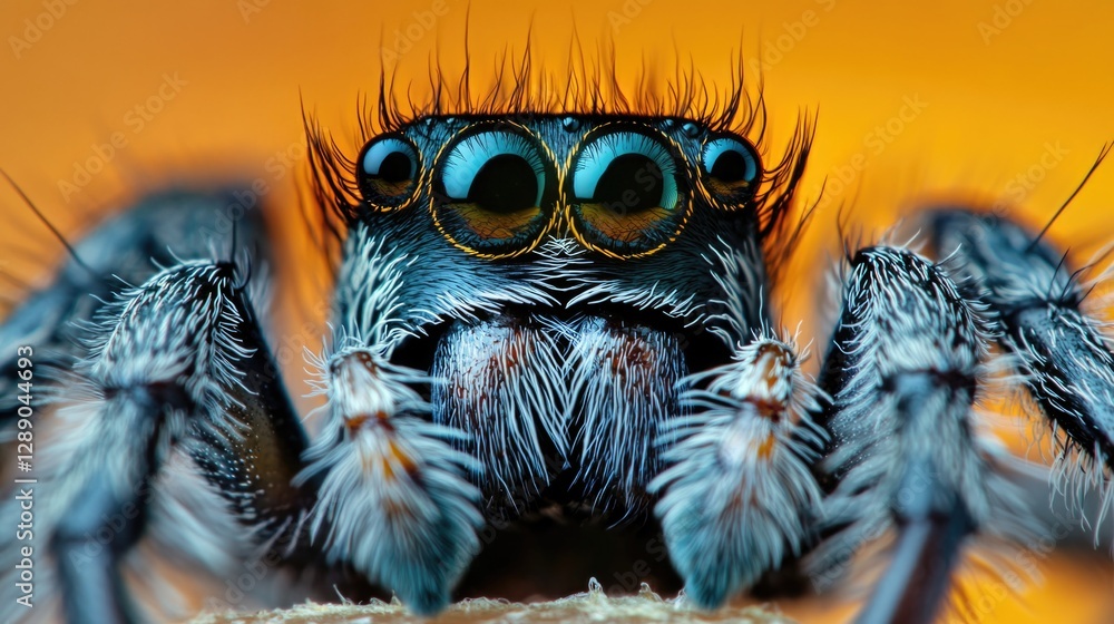 A detailed view of a spider's face, featuring prominent eyes A detailed view of a spider's face, featuring prominent eyes