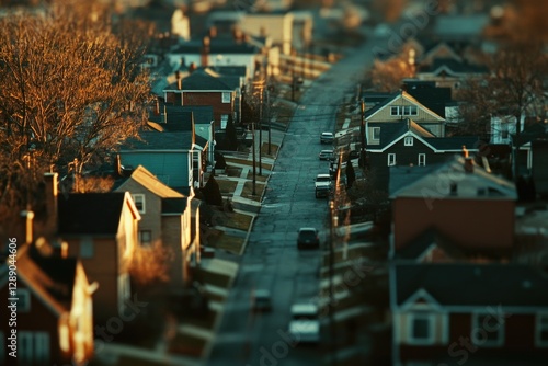Fototapeta Naklejka Na Ścianę i Meble -  A quiet suburban street lined with houses in a small town