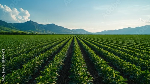 Lush green farmland stretches towards distant mountains under a clear sky, showcasing rows of crops that symbolize agriculture and natural beauty.