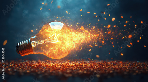 explosion of tungsten lightbulb on orange bokeh background. brainstorming idea