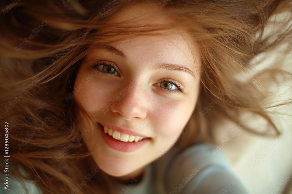 Fototapeta premium A woman with long hair smiling directly into the camera lens