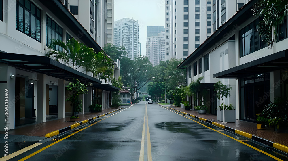 Fototapeta premium Rainy Day City Street Scene, Grey Buildings and Wet Asphalt Road