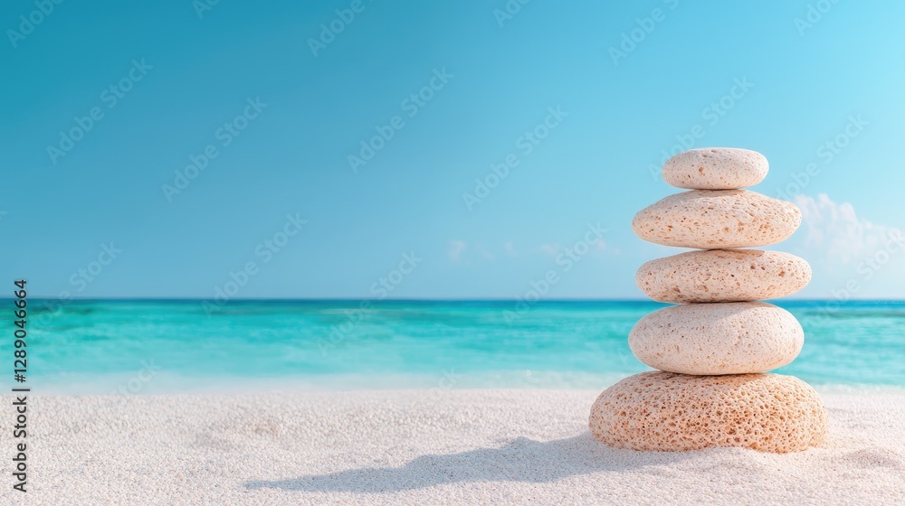 Beach serenity stacked stones, turquoise ocean, calm sky Beach serenity stacked stones, turquoise ocean, calm sky