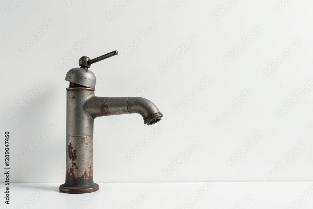A Distressed Metal Faucet Against a Plain White Background, Showcasing its Weathered Texture and Antique Design, Ideal for Interior Design and Home Improvement Projects A Distressed Metal Faucet Against a Plain White Background, Showcasing its Weathered Texture and Antique Design, Ideal for Interior Design and Home Improvement Projects