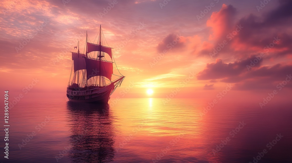 Fototapeta premium Sailing Ship at Sunset Ocean Horizon