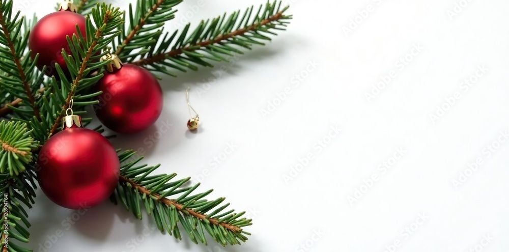 White background with fir branch and red balls, red Christmas balls, Christmas tree branch