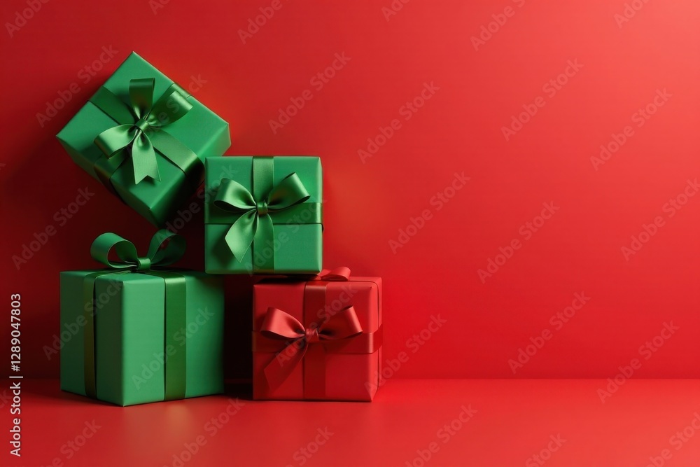 Obraz premium A festive arrangement of meticulously wrapped gifts, showcasing vibrant green and red hues, against a backdrop of a rich red surface.