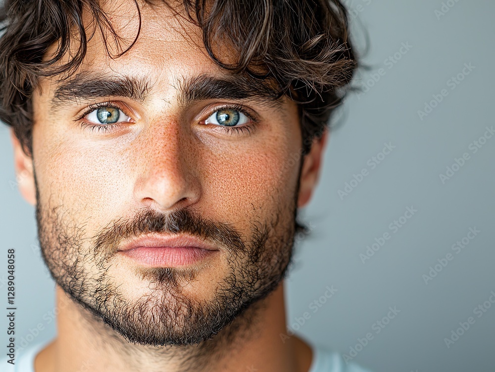 Fototapeta premium Captivating portrait of a young man with striking blue eyes studio setting close-up photography natural light