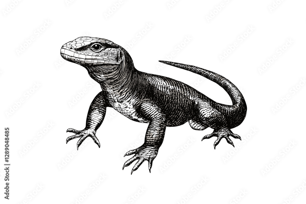 Obraz premium Vintage illustration of a hand-drawn monitor lizard, black sketch effect, reptile art, wildlife print, trendy design on white background, animal drawing, detailed engraving, nature art, reptiles