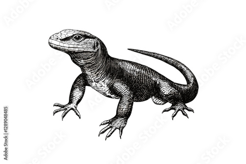 Vintage illustration of a hand-drawn monitor lizard, black sketch effect, reptile art, wildlife print, trendy design on white background, animal drawing, detailed engraving, nature art, reptiles