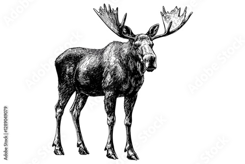 Moose hand-drawn in black sketch effect, vintage wildlife art, large forest animal, antique style vector print design, trendy illustration, white background, nature print.
