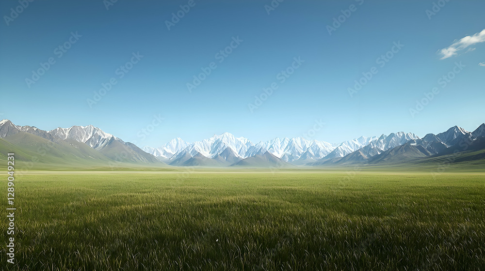 Fototapeta premium Vast Meadow with Snow Capped Mountains under a Clear Blue Sky
