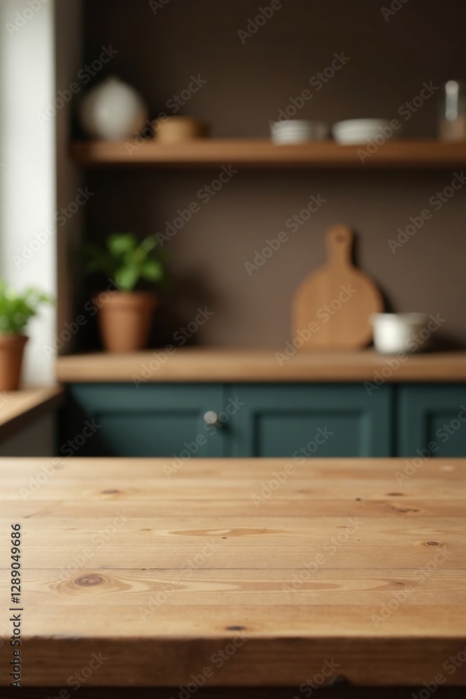 Empty light wood kitchen counter in front of blurred teal cabinetry and wooden shelves Empty light wood kitchen counter in front of blurred teal cabinetry and wooden shelves