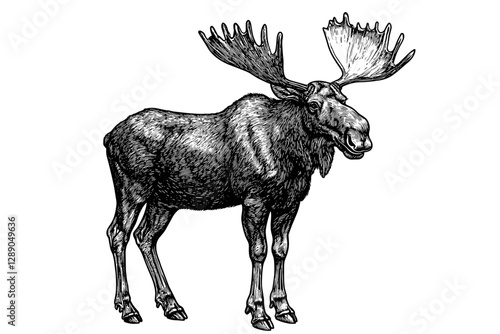Hand-drawn moose illustration, large forest animal in antique style, vintage wildlife art, trendy vector print, black sketch effect, nature design, white background, wildlife print.
