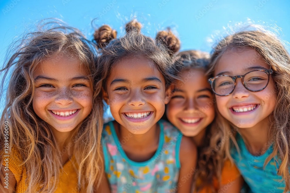 Group of five smiling children enjoying a sunny day outdoors Group of five smiling children enjoying a sunny day outdoors