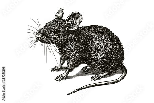 Vintage animal art, trendy hand-drawn mouse, wildlife illustration, old engraving style, black sketch effect, wall decor, retro art, decorative wildlife