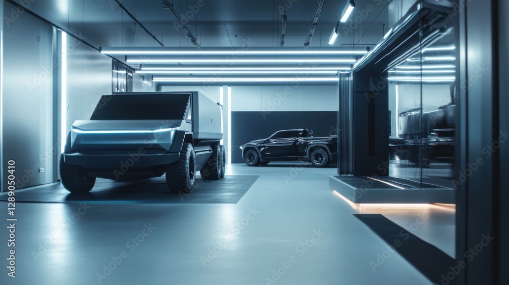 Fototapeta premium A car showroom displaying futuristic electric trucks. Featuring rugged performance and eco-innovation