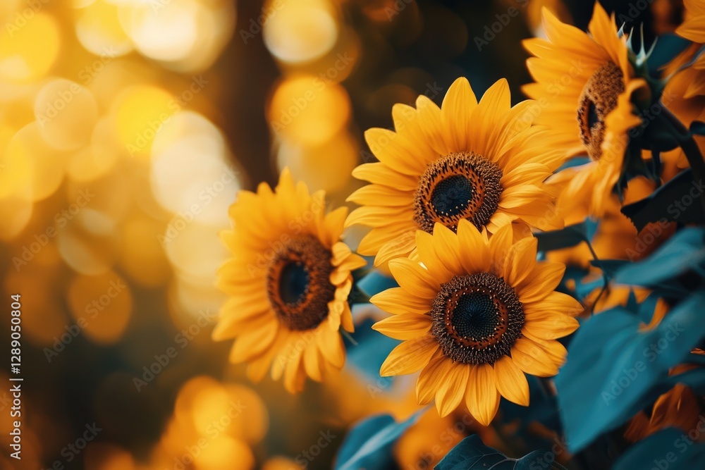 Naklejka premium A group of bright yellow sunflowers sit atop a tree branch, adding a pop of color to the surrounding environment