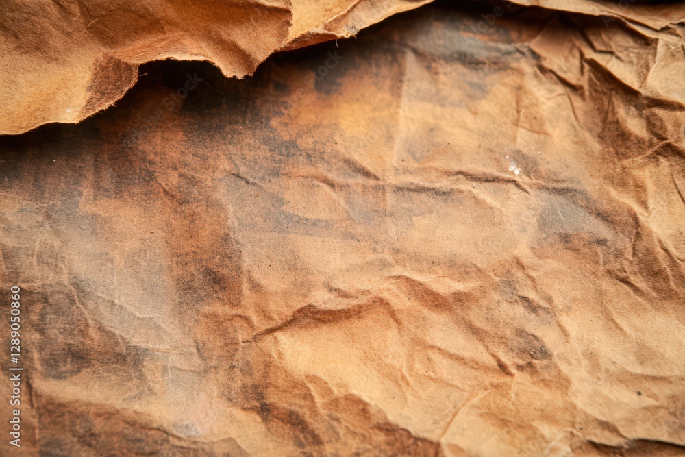 Fototapeta premium Close-up view of crumpled brown paper with dark brown stains and textures. The lighting is even, highlighting the paper's wrinkles and discoloration