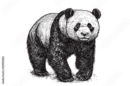 Black sketch effect panda bear illustration, cute animal vector, endangered species, wildlife art, hand-drawn vintage style, trendy print design, nature wildlife