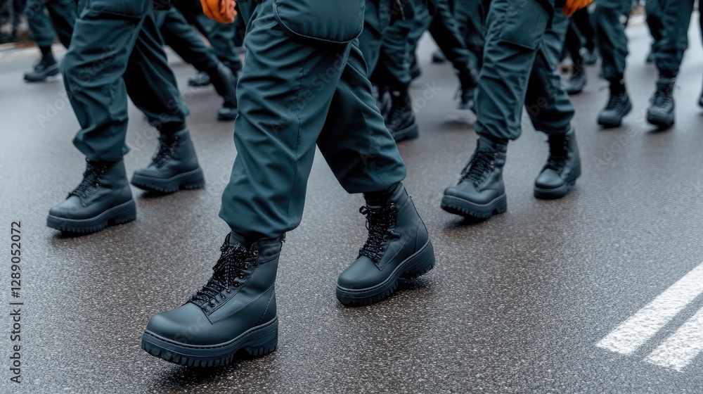 Soldiers in uniform march with precision during a military parade, demonstrating their commitment and readiness in a vibrant urban setting Soldiers in uniform march with precision during a military parade, demonstrating their commitment and readiness in a vibrant urban setting