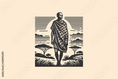 Vintage engraved emblem of a Maasai man in traditional attire