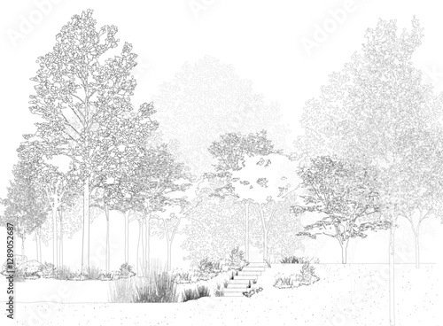Architectural Drawings, Minimal style cad tree line drawing, Side view, set of section wetland forest outline for landscape design drawing. Vector illustration in seperate element