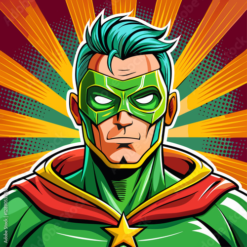 Pop art comic book style super hero punching withgreen mask photo