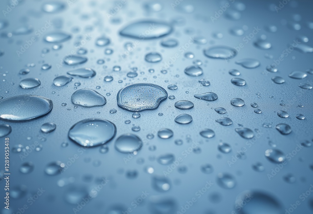 Raindrops on a blue surface with a large drop in focus and a blurred background Raindrops on a blue surface with a large drop in focus and a blurred background