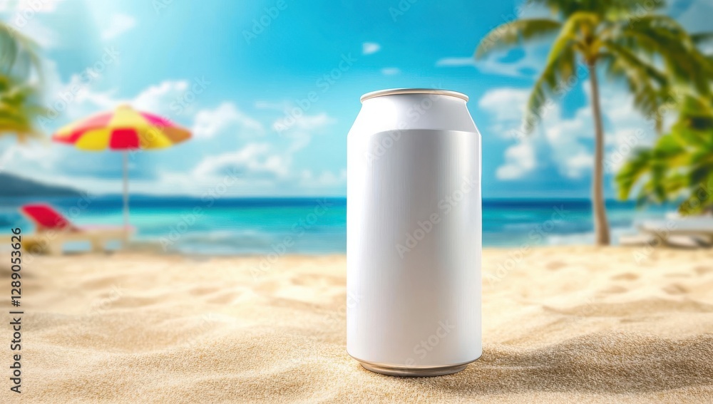 Refreshingly Tropical: A blank aluminum can stands on a sun-kissed beach with the turquoise ocean and palm trees in the backdrop, offering a cool, refreshing feeling. Refreshingly Tropical: A blank aluminum can stands on a sun-kissed beach with the turquoise ocean and palm trees in the backdrop, offering a cool, refreshing feeling.