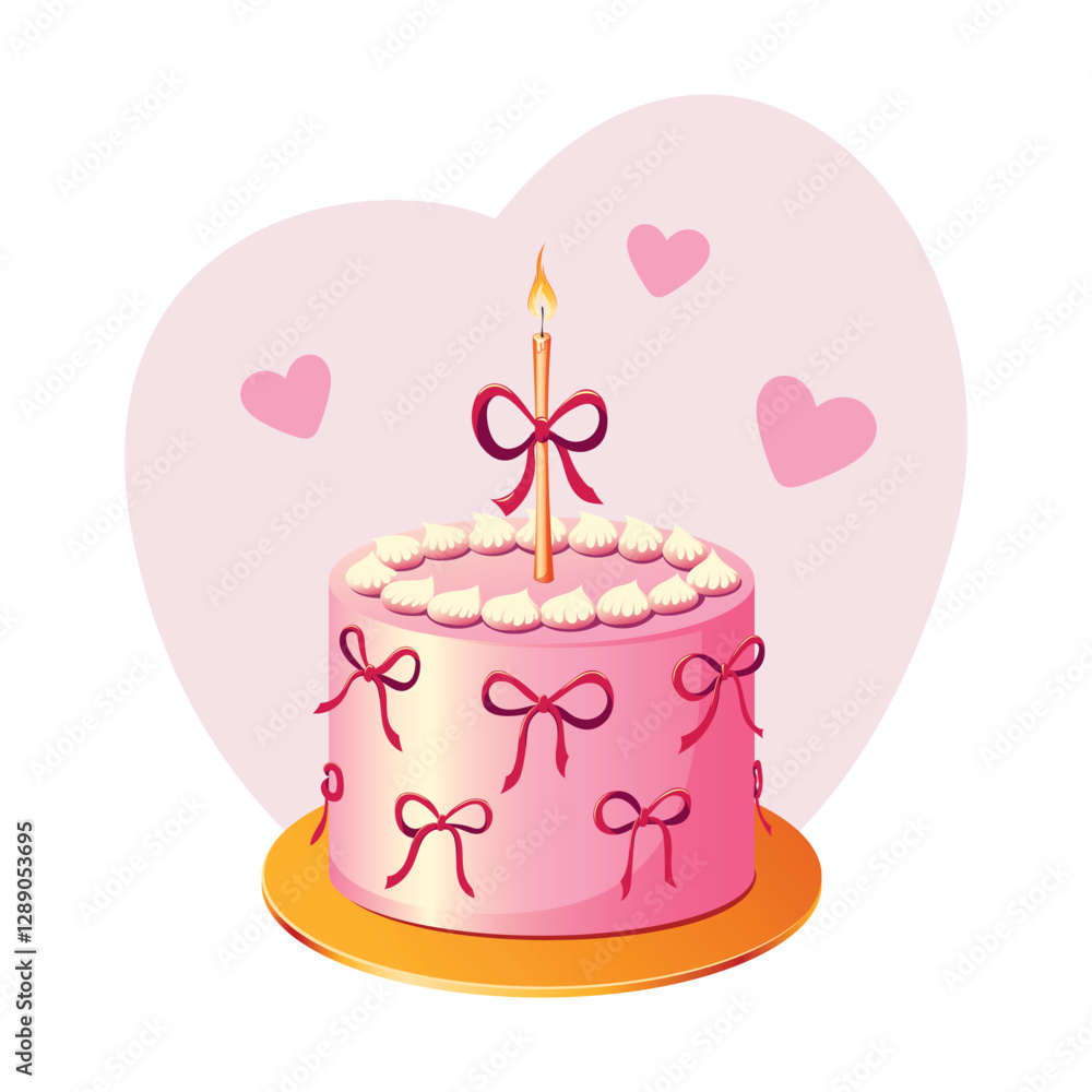 Bento Birthday Cake with One Candle in the Center Decorated with Bows Bento Birthday Cake with One Candle in the Center Decorated with Bows