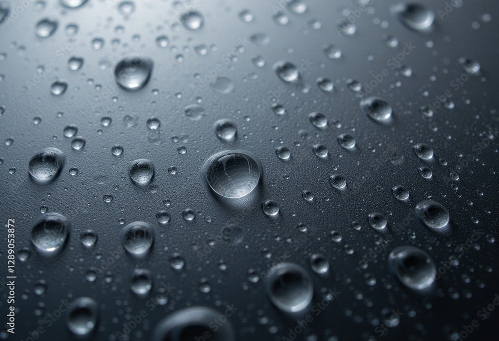 Macro shot of water droplets on a dark surface with a single prominent drop Macro shot of water droplets on a dark surface with a single prominent drop