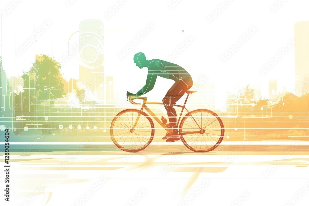 Naklejka premium Silhouette of cyclist riding a bike in a city, technology theme, vibrant colors.