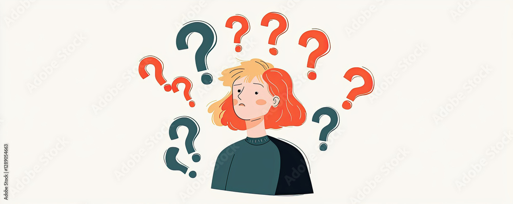 Menopause symptoms flat illustration. Flat vector of a confused woman surrounded by floating question marks, symbolizing brain fog and memory loss in menopause Menopause symptoms flat illustration. Flat vector of a confused woman surrounded by floating question marks, symbolizing brain fog and memory loss in menopause