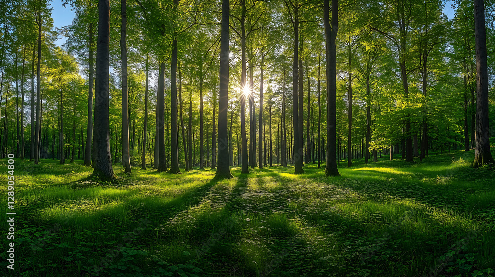 Obraz premium Enchanting Green Forest with Sun Rays - Lush Woodland Nature Scene, nature photography, environmental awareness campaigns, eco-tourism promotions, mindfulness content, wellness blogs, 