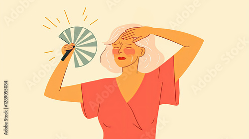 Menopause symptoms flat illustration. Flat illustration of a middle-aged woman fanning herself, sweating from hot flashes, menopause symptom concept, warm pastel tones