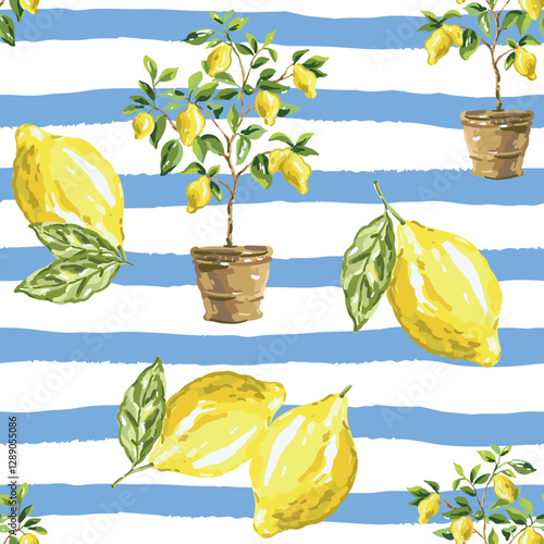 Lemon trees in a pots and yellow citrus fruits with green leaves on the striped white and light blue background. Vector illustration. Seamless pattern. Summer garden. Italian patio