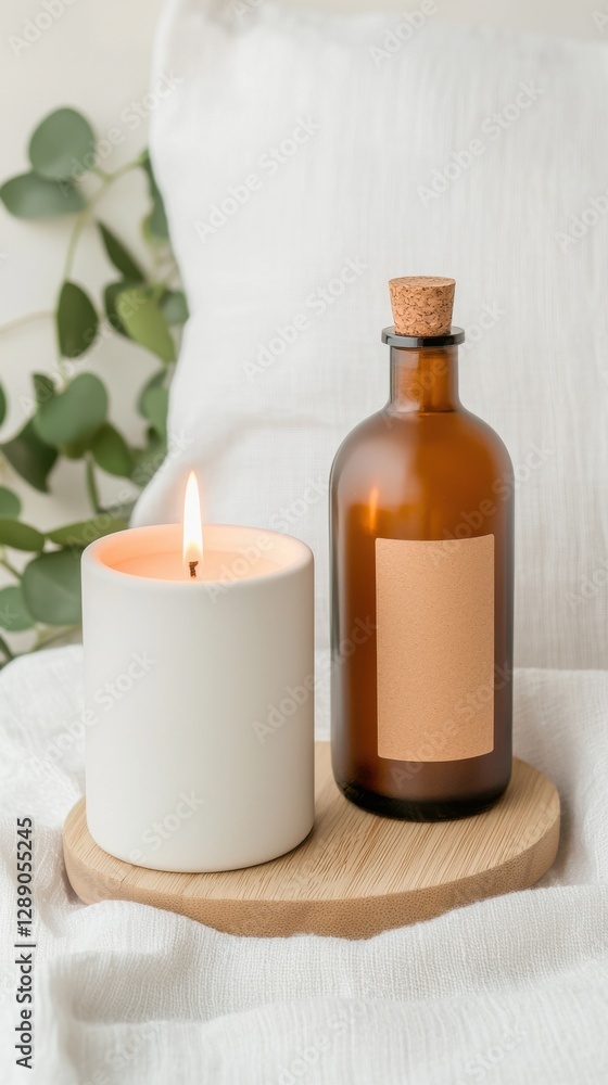 Relaxing aromatherapy setup with candle and essential oil cozy home lifestyle image tranquil environment close-up view Relaxing aromatherapy setup with candle and essential oil cozy home lifestyle image tranquil environment close-up view