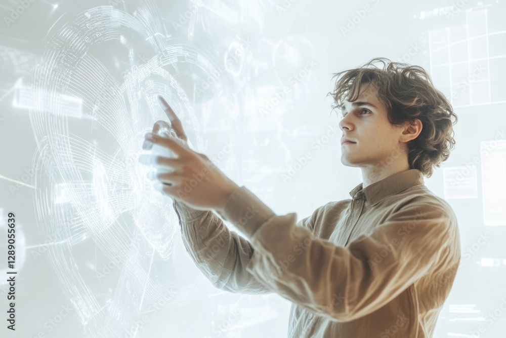 A young man interacts with a futuristic holographic interface, navigating complex data visualizations. A young man interacts with a futuristic holographic interface, navigating complex data visualizations.
